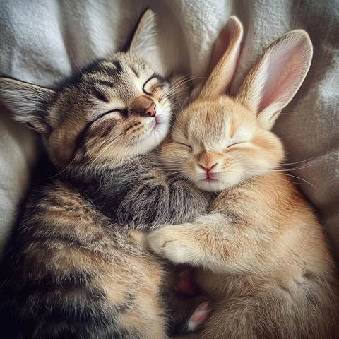 小猫与兔子亲密依偎