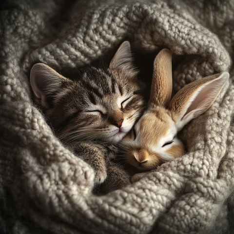 小猫小兔共眠毯下