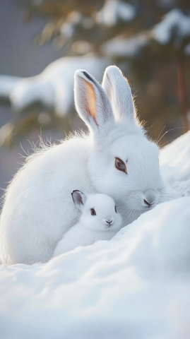雪地中的北极兔母子
