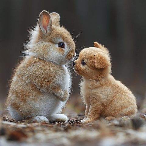 白兔与黄犬嬉戏