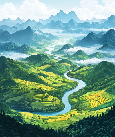 山川间蜿蜒河流旁的多彩梯田全景