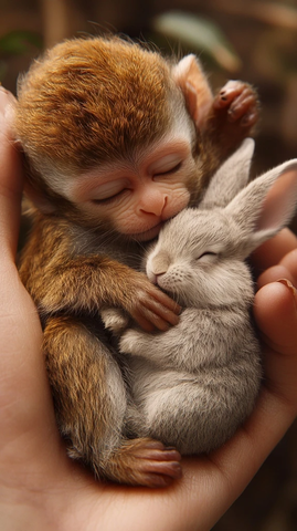 手掌中的小猴与兔子