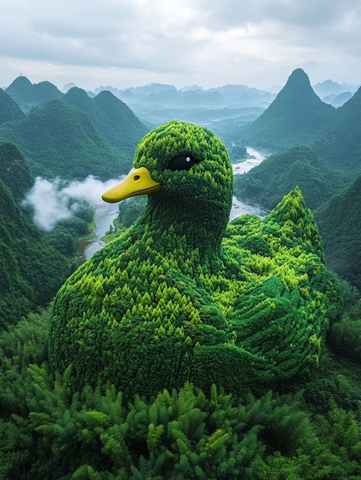 山林间的巨型绿植鸭子雕塑景观