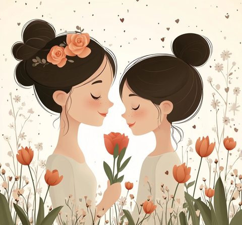 母女送花母亲节矢量插画