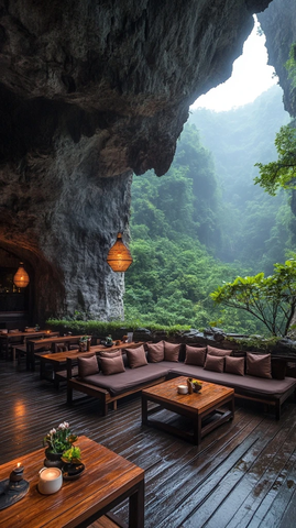 山洞中的休息区户外自然景色相伴