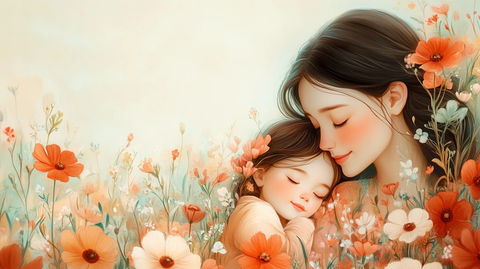 母子相拥温馨花簇环绕