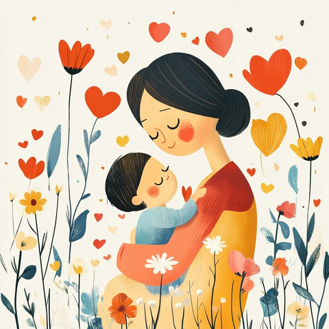 母亲与孩子花心插画