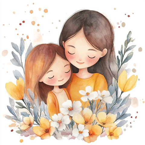 母亲节母女紫罗兰花插画