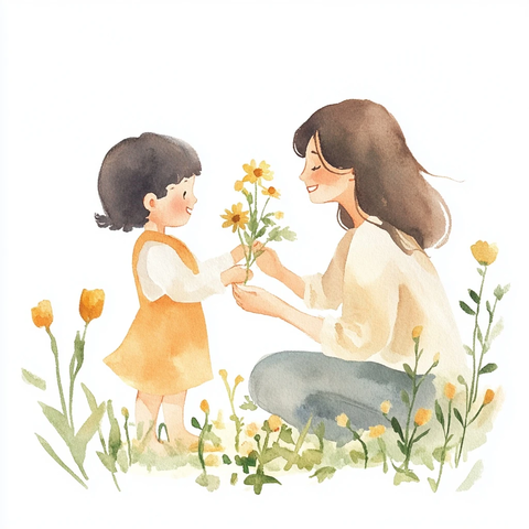 母亲送花给小孩