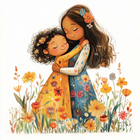 女孩与女人拥抱插画