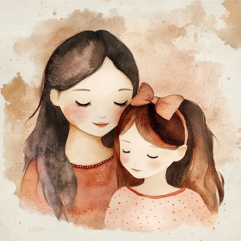 女孩与母亲水彩画