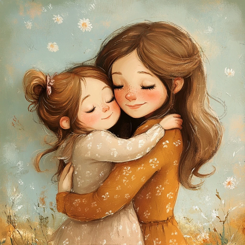 女孩与母亲拥抱对视