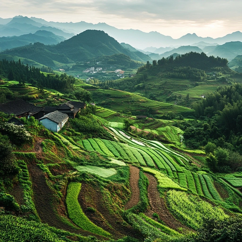 山间梯田环绕的乡村自然风景