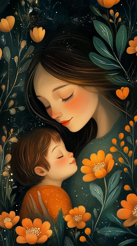 母子手牵手插画