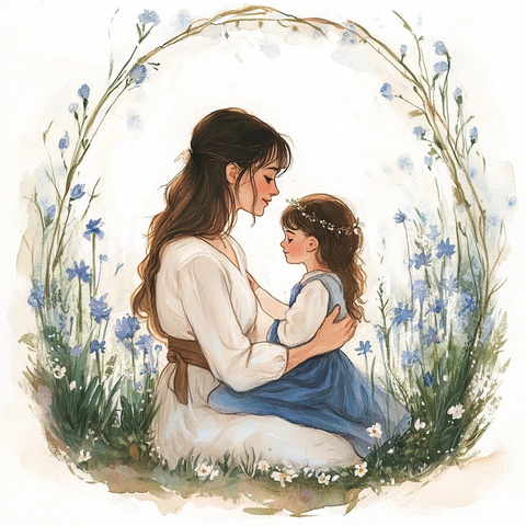 母亲与女儿水彩插画