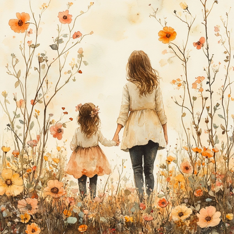 母女牵手花景图