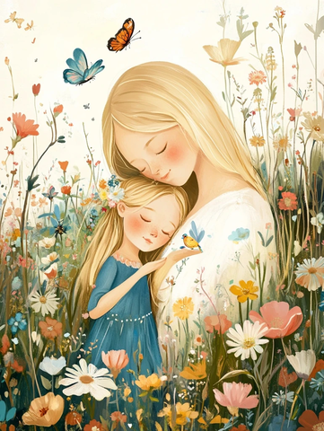 母女花丛中与小鸟相伴