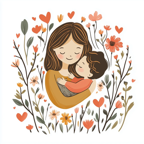 母亲抱孩童心形花环绕