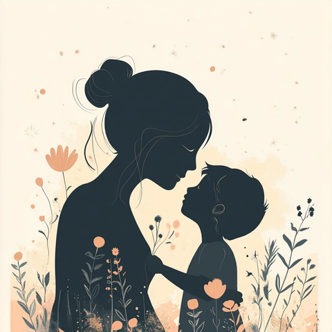 母子剪影与柔和花星插画