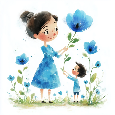 妈妈蓝色花朵连衣裙插画