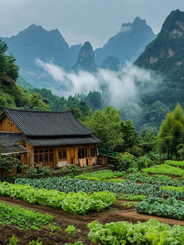 山间小屋与菜地云雾缭绕的乡村景致