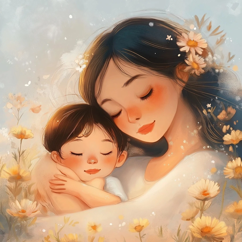 母子相拥花间柔情