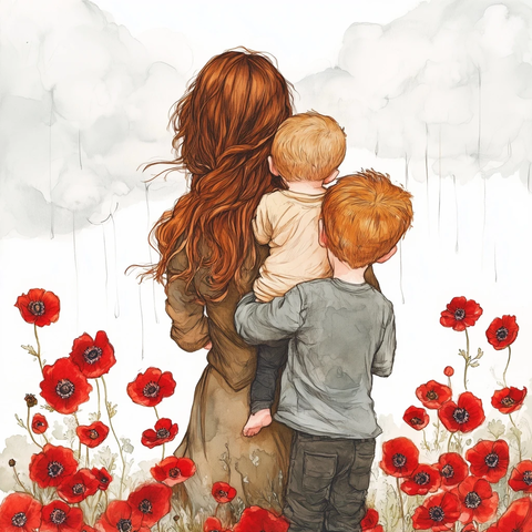 母子三人红花海中拥抱