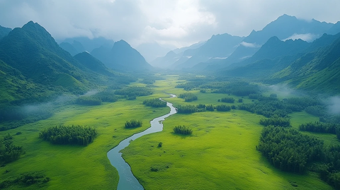 山间河流蜿蜒的自然风光鸟瞰全景