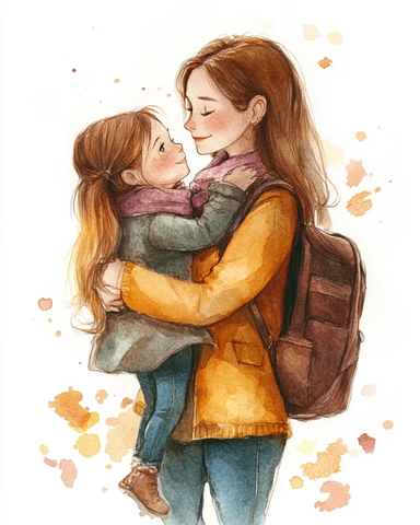 母亲送女儿上学拥抱瞬间