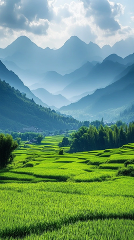 山间田野风光的乡村自然景色