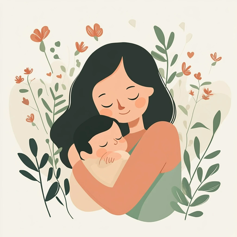 母亲抱婴儿花丛中