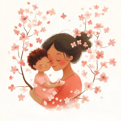 母子樱花粉红插画