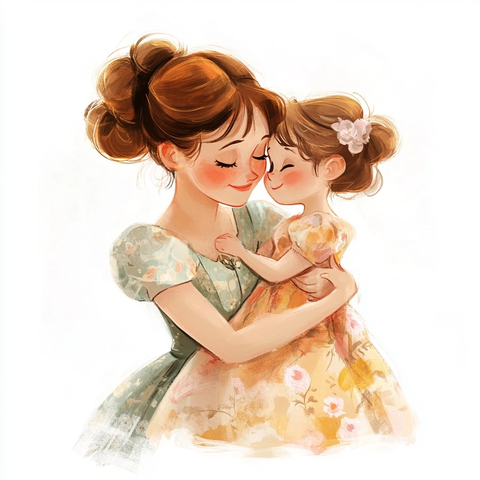 妈妈拥抱穿卡通裙女儿