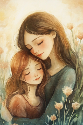 母亲节母女温馨插画