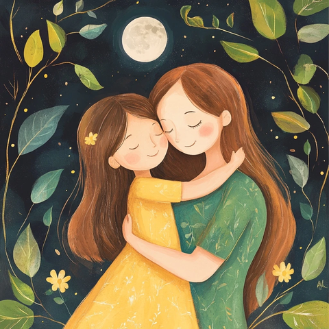 母女月下拥抱花叶环绕