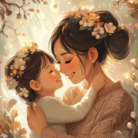 母女花间微笑相拥