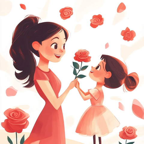 妈妈送玫瑰给女儿