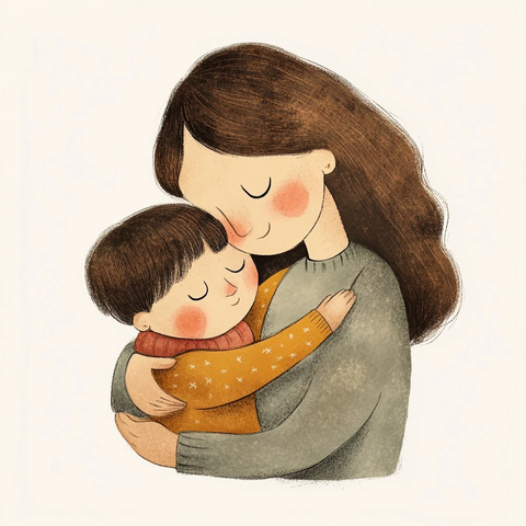 母亲与孩子拥抱插画