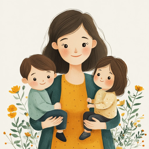 母亲牵着儿子女儿