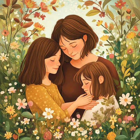 母女三人春日拥抱生日庆典