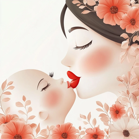 宝宝亲吻妈妈花朵插画