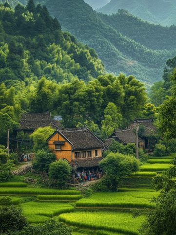 山林间的乡村房屋与翠绿稻田风景