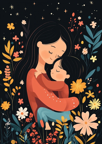 母亲抱小孩花星夜