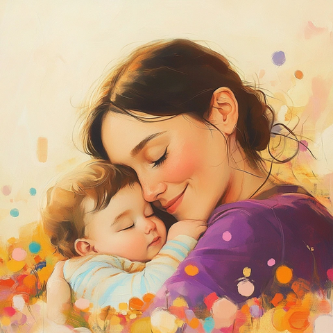 妈妈和宝宝在凌乱房间