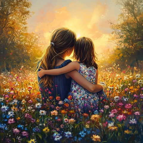 母女相拥观日出