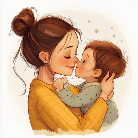 母子相拥脸颊相贴