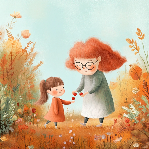 奶奶和女孩摘草莓