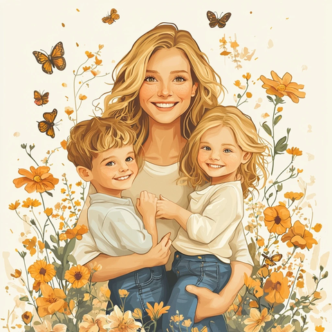 卷发妈妈与孩子花丛中的快乐时光