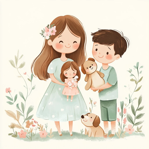 女孩抱洋娃娃男孩抱玩具狗