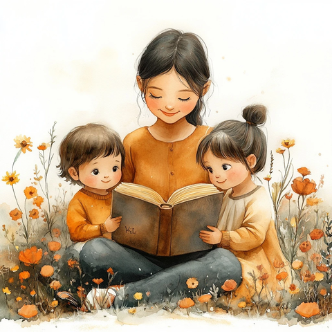 母子读书水彩插画